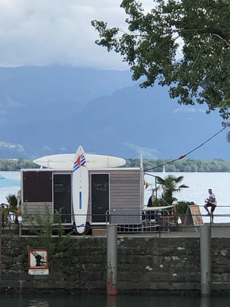 Surf boards on a dock at Lake Constance