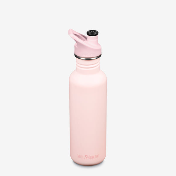 Pale pink stainless steel water bottle with a sports cap